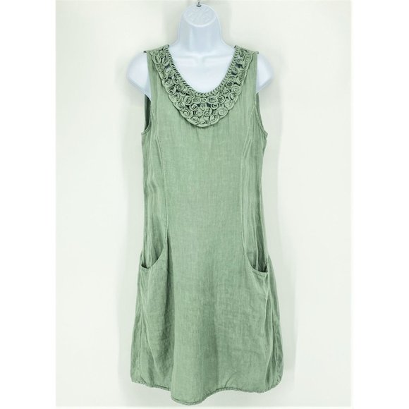 Lungo L'Arno Linen Shift Dress Size M Sleeveless Floral Scoop Neck Moss Green